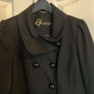 Guess black wool blend knee length bow in back coat sz Lg